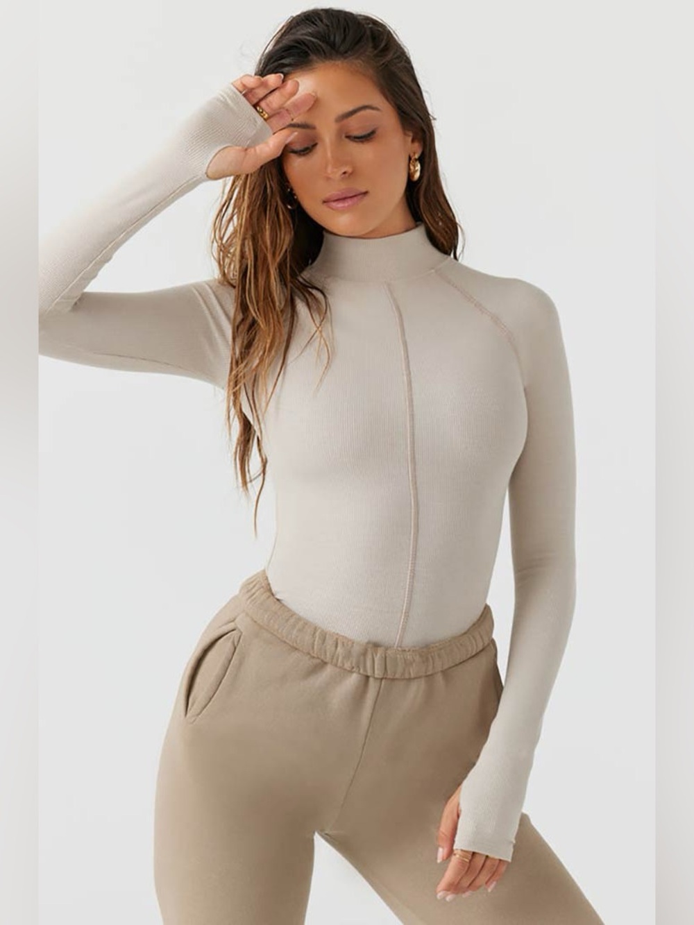 RARE JOAH BROWN STITCH MOCKNECK TOP SKIMS ALO YOGA LULULEMON ADANOLA FREE PEOPLE